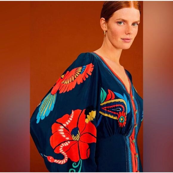 NWT FARM Rio Blue Vintage Forest Dress Printed Blue Silky Viscose Size XL - Picture 3 of 16